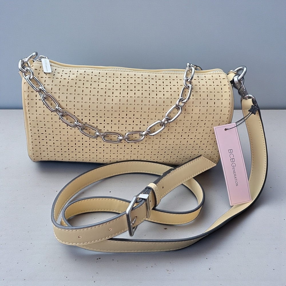 BCBGeneration Beige Perforated Shoulder Bag with Silver Chain